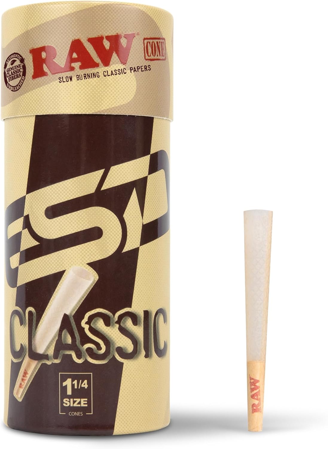 RAW Cones Classic 1-1/4 Size - 50 Pack - Slow Burning Pre Rolled Cones made of Paper with Tips & Packing Tubes Included