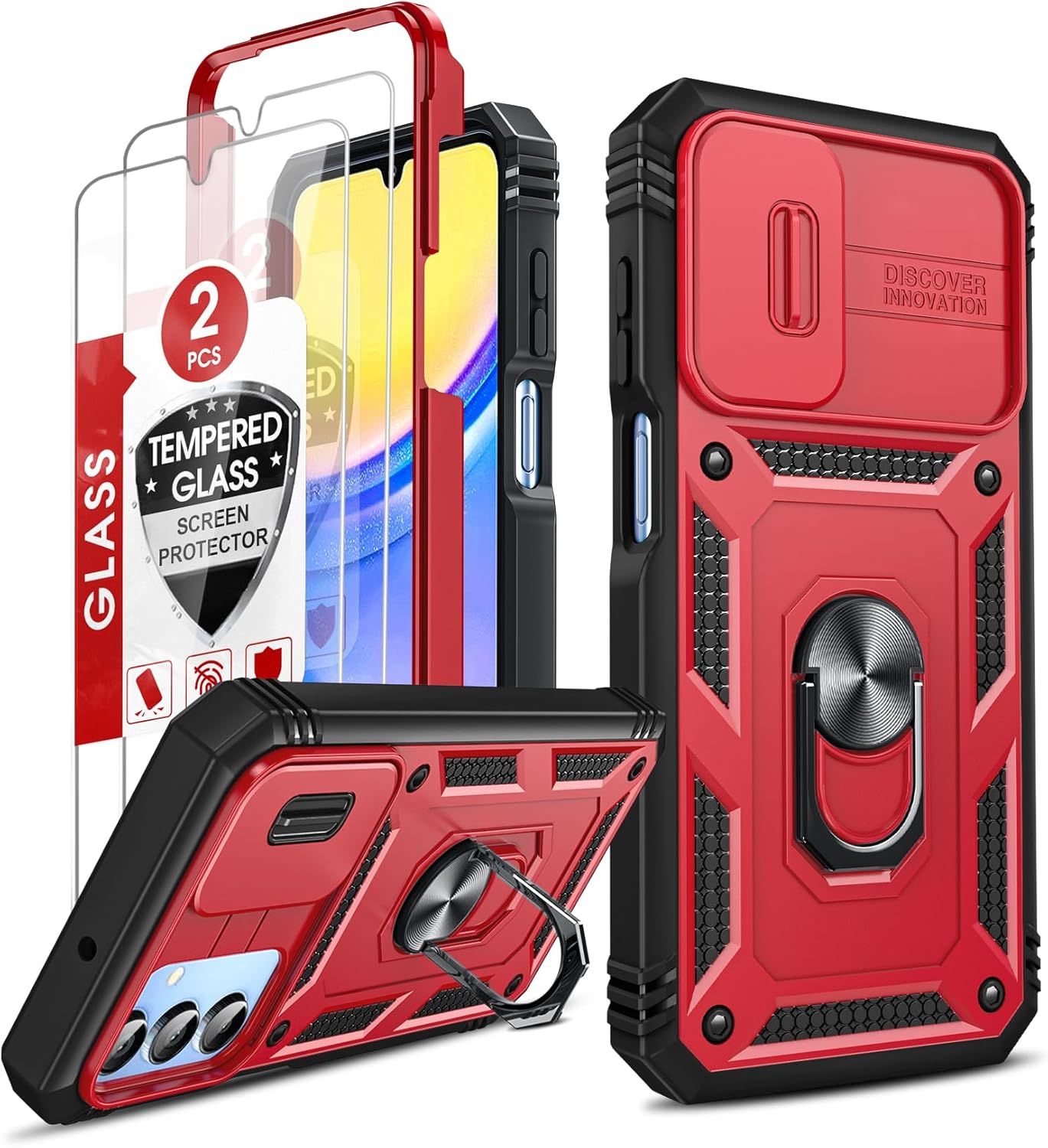 LeYi for Galaxy A15 5G Case: Samsung A15 Screen Protector with Samsung A15 5G Telephone Case, Metal Stand Heavy Duty Shockproof para Mobile Smart Cell Phone Cover Galaxy A15 5G, Red+Black