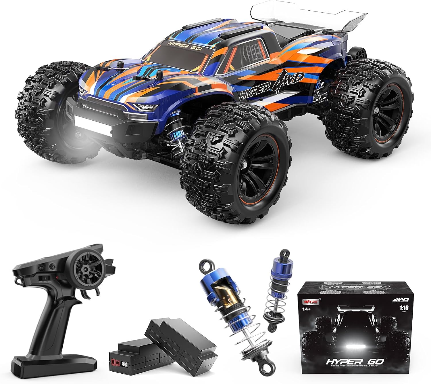 HYPER GO H16DR 1:16 Scale Ready to Run Fast Remote Control Car, High Speed Jump RC Monster Truck, Off Road RC Cars, 4WD All Terrain RTR RC Truck with 2 LiPo Batteries for Boys and Adults