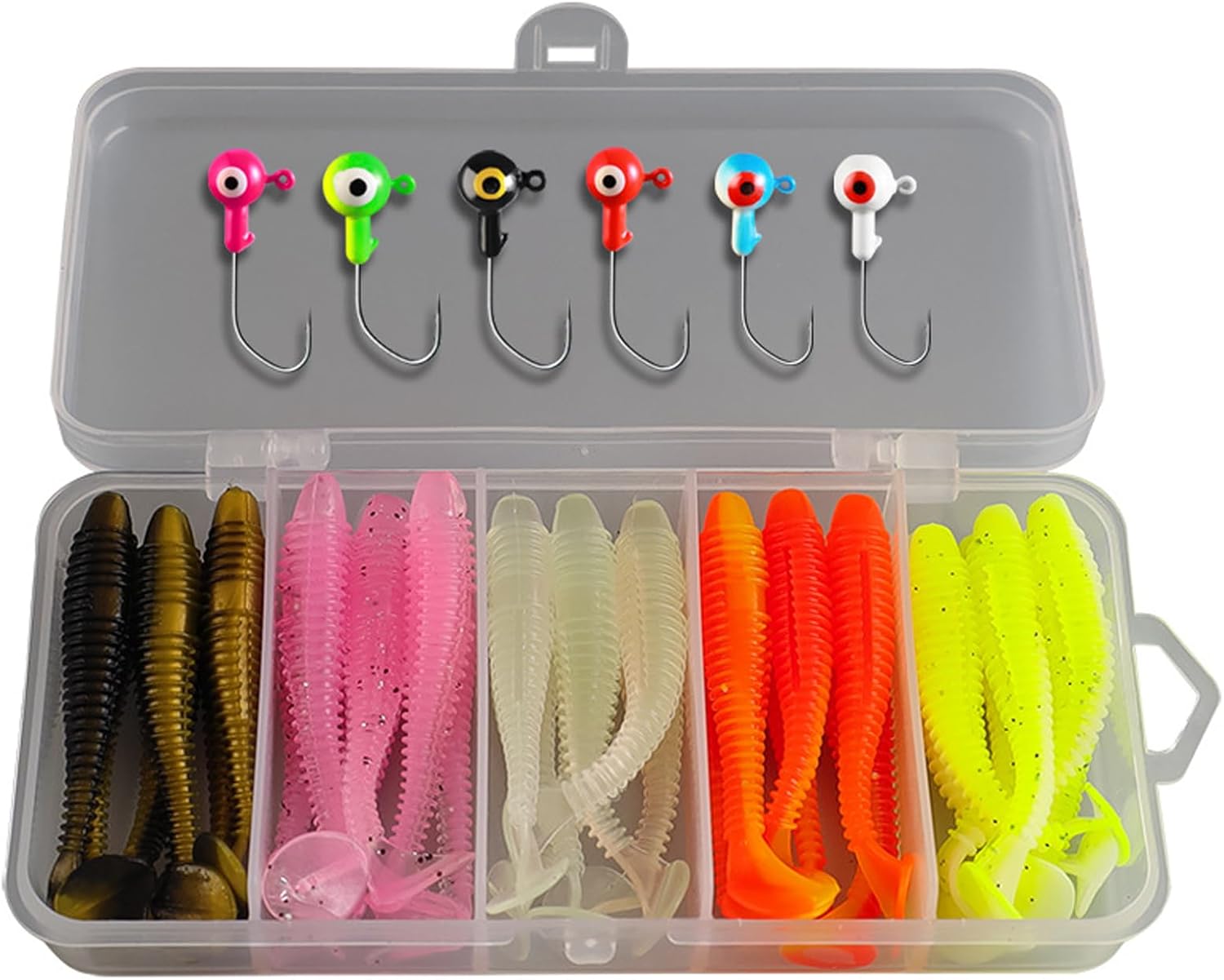 Buaak 37pcs Fishing Lures, Sea Fishing Bait, Soft Bait Head, Screw T-tail Lures, Bionic Soft Worm Lead Hook, Fishing Bait Set for Fishing Bass, Trout, Pike, Walleye, Perch, Crucian Carp