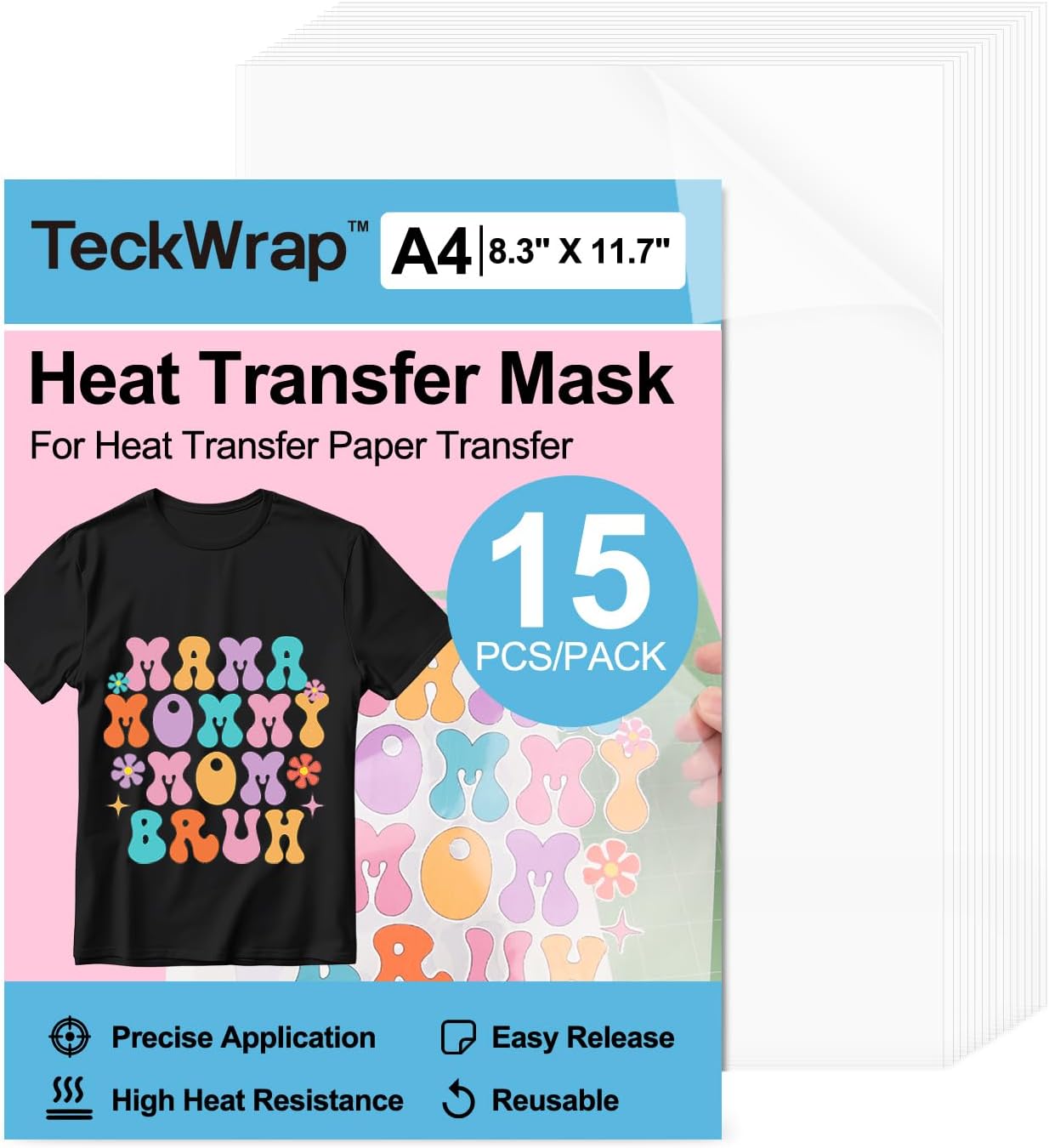 TECKWRAP Heat Transfer Mask for Heat Transfer Paper for T-Shirts 15PCS, 8.3" X 11.7" Masking Film Clear Iron on Transfer Tape for HTV Printable Heat Transfer Vinyl, Heat Transfer Mask Sheets