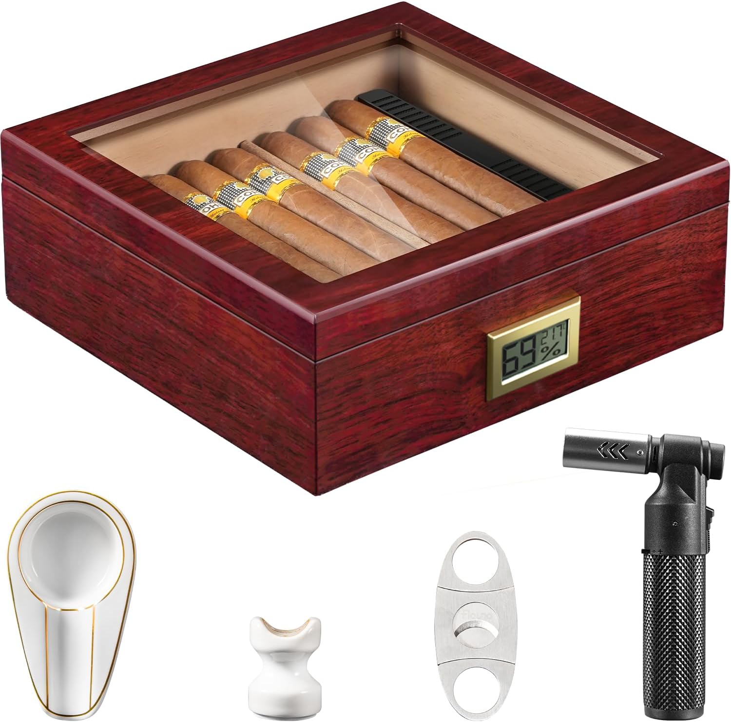 Flauno Cigar Humidor with Torch Lighter, Cigar Cutter, Cigar Ashtray, Cigar Holder, Digital Hygrometer, Divider, Spanish Cedar Wood, up to 60 Cigars, High Gloss Finish Cigar Box for Cigar Lovers