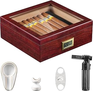 Flauno Cigar Humidor with Torch Lighter, Cigar Cutter, Cigar Ashtray, Cigar Holder, Digital Hygrometer, Divider, Spanish Cedar Wood, up to 60 Cigars, High Gloss Finish Cigar Box for Cigar Lovers