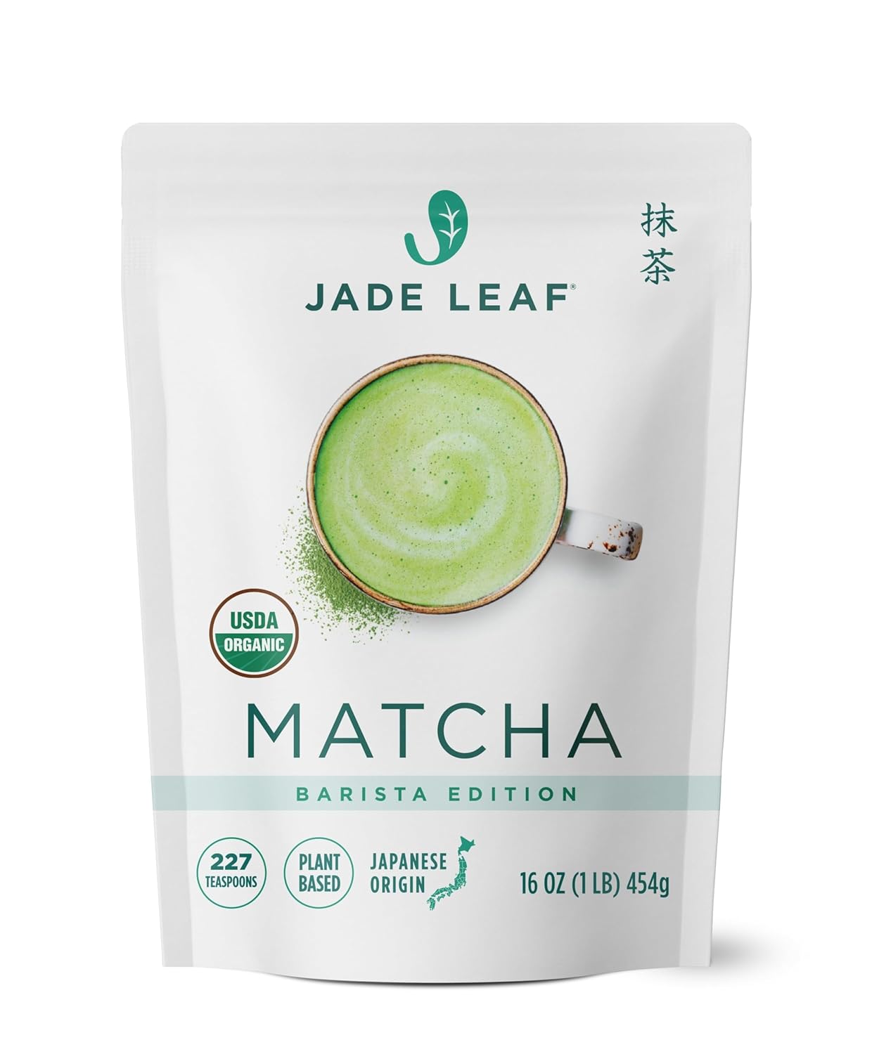 Jade Leaf Matcha Organic Barista Blend Ceremonial Grade Matcha Green Tea Powder - 100% Pure Japanese First Harvest Green Tea for Lattes from Uji and Kagoshima, 454g / 16 Ounce Bulk Pouch (Pack of 1)