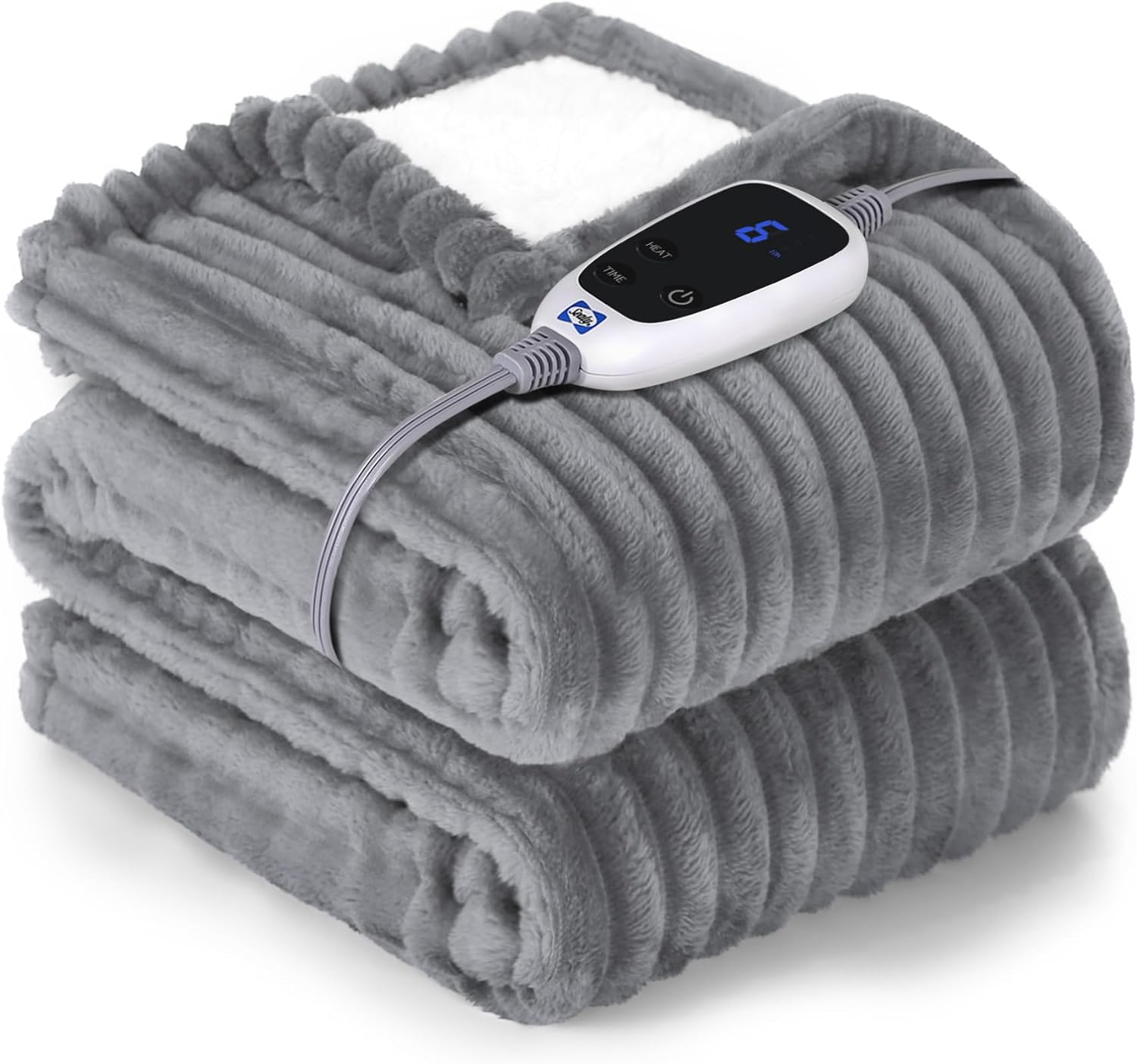 Sealy Heated Blanket Electric Throw, Ribbed Flannel to Sherpa,50"x60" Heating Blanket Throw, 6 Heat Levels & 2-10 Hours Auto-Off Over-Heat Protection, Machine Washable, Light Grey
