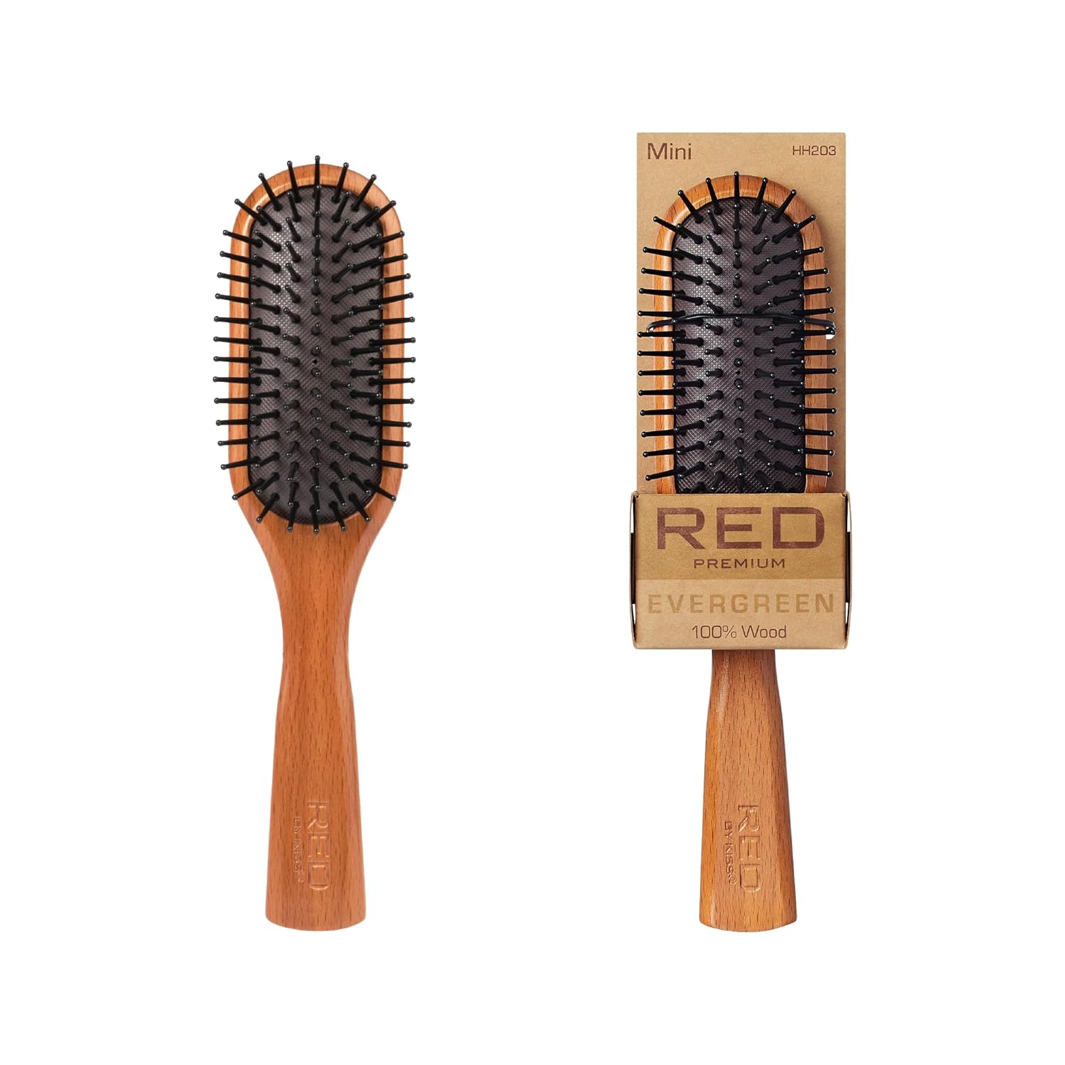 RED Premium Evergreen Wooden Paddle Brush, Detangling Brush with Long Bristles for Thick, Curly, Thin, Wet or Dry Hair - Long-Lasting Shine (Mini)