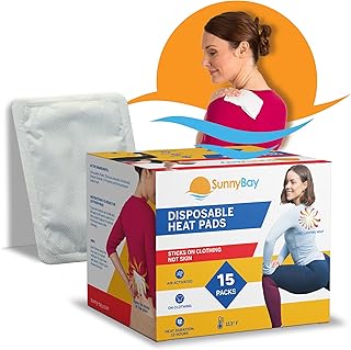 SunnyBay Adhesive Heat Patches for Neck, Knee, and Upper or Lower Back, Air-Activated Heat Pads for Menstrual Cramps, Stiffness, Sprains, and More, Stick to Clothing, 5x3 inches, 15 Count