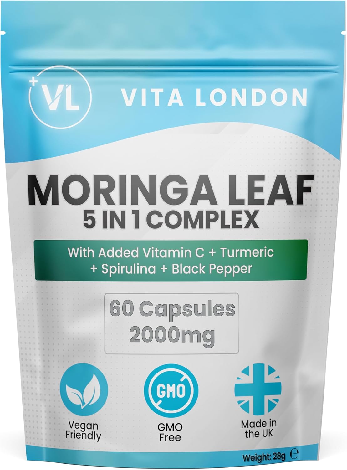 Moringa Leaf Capsules 2000mg | Added Vitamin C + Turmeric + Spirulina + Black Pepper | High Strength Supplements for Men & Women | 60 Vegan Capsules (Not Powder, Tablets of Gummies)