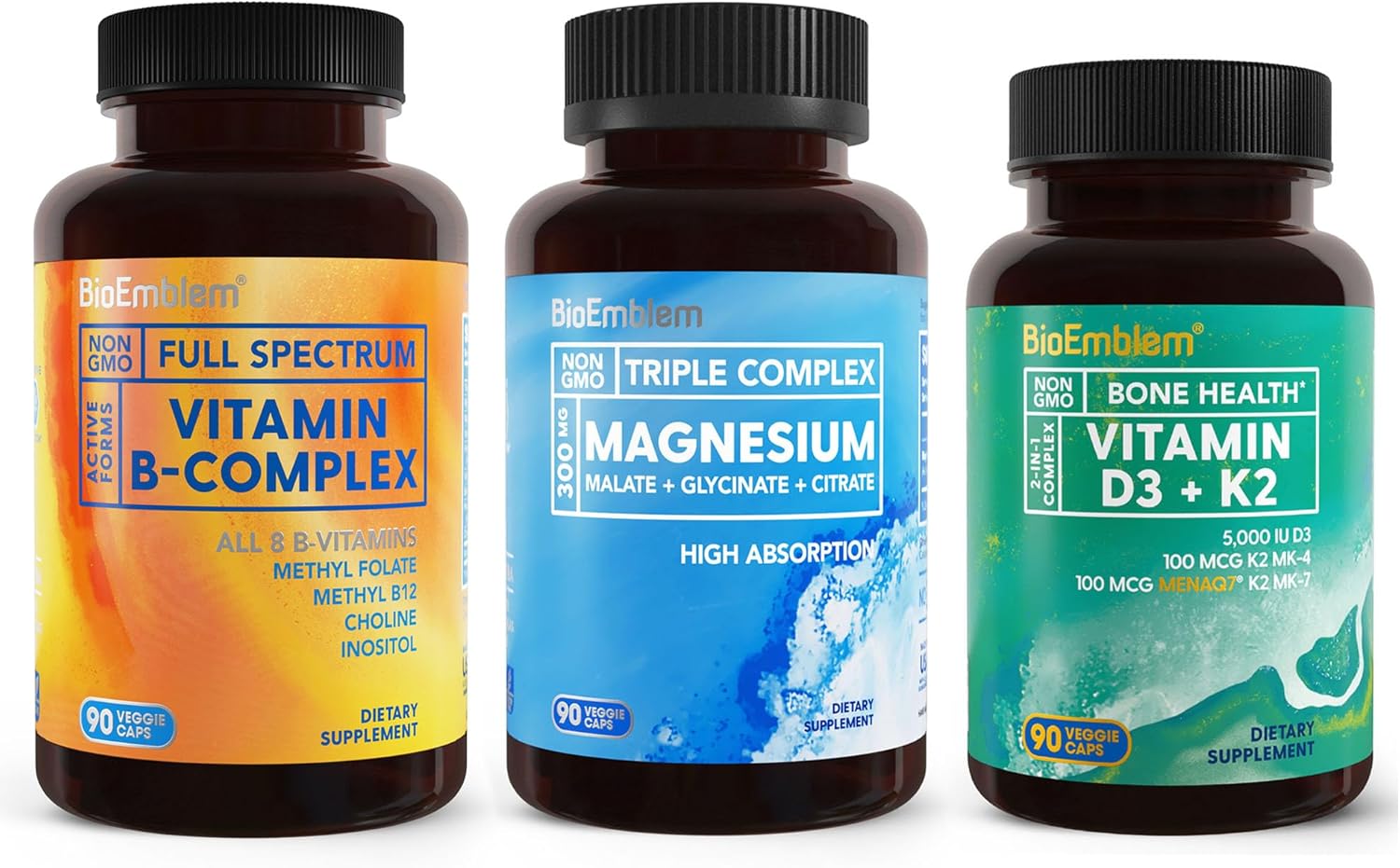 BioEmblem Adults Triple Magnesium Complex and Vitamin D3 K2 and Vitamin B-Complex - 270 Count