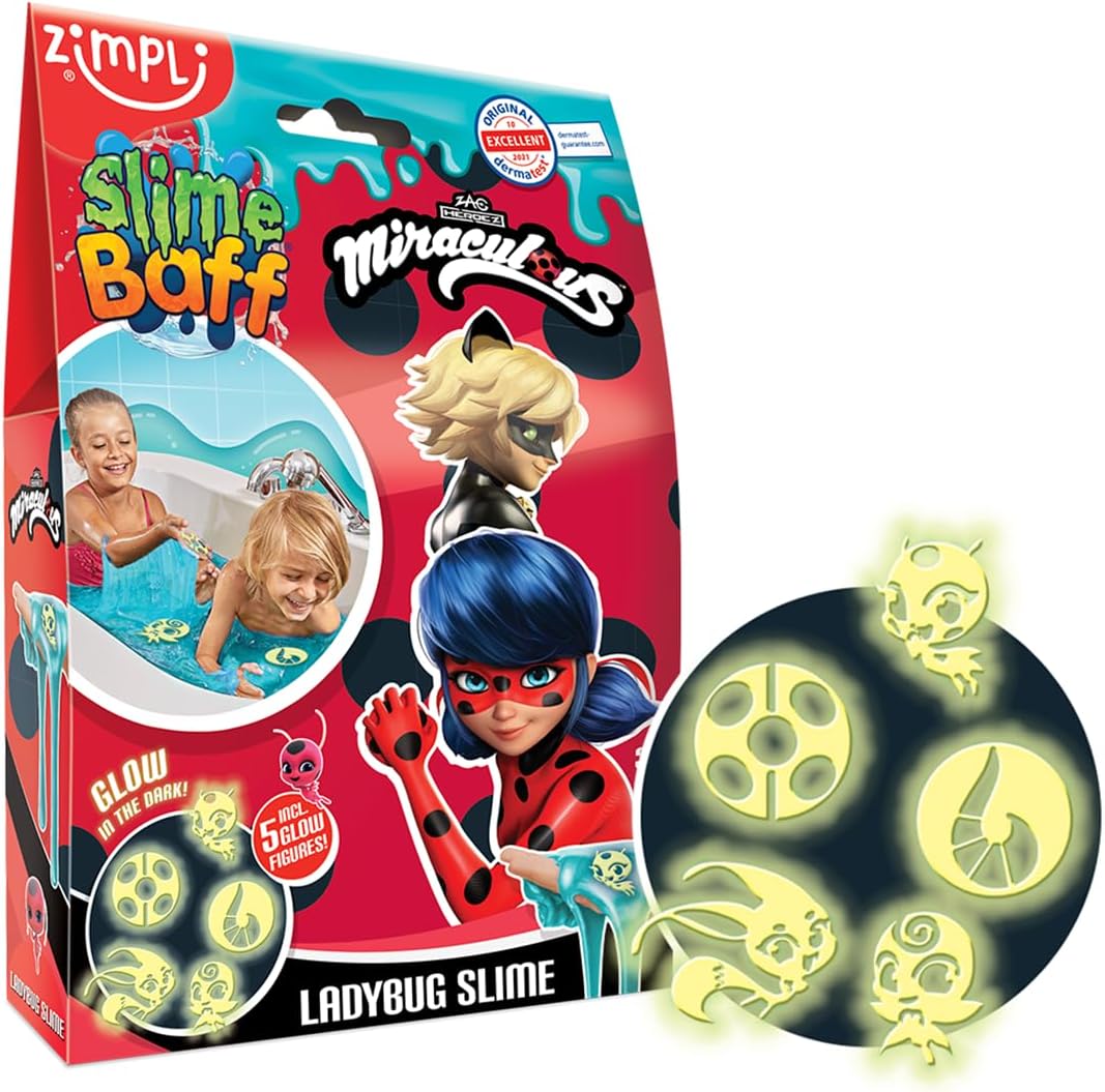 Zimpli Kids Miraculous Ladybug Slime Baff Aqua, 5 x Glow-in-the-dark Miraculous Figures Included, Magically turns water into gooey, colourful slime, Pocket Money Toys, Birthday Present, Slime Kit