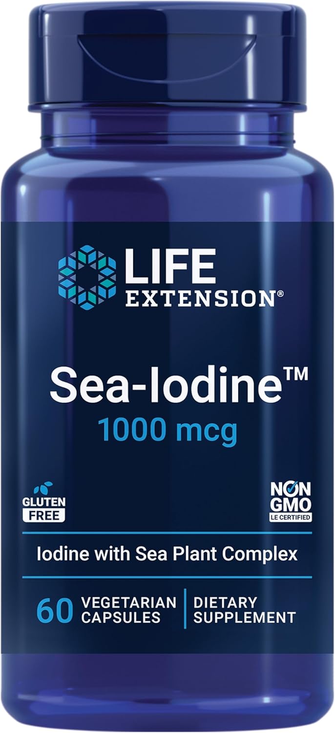 Life Extension Sea-Iodine™, kelp and bladderwrack-derived iodine, supports healthy levels of this essential nutrient for thyroid health and beyond, non-GMO, gluten-free, vegetarian, 60 capsules