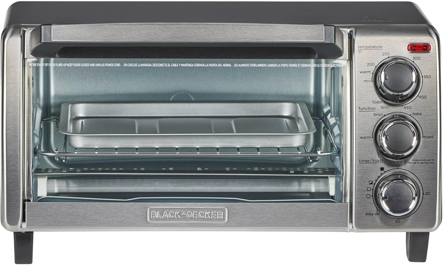 BLACK+DECKER 4-Slice Toaster Oven, Even Toast, 4 Cooking Functions Bake, Broil, Toast and Keep Warm, Removable Crumb Tray, Timer