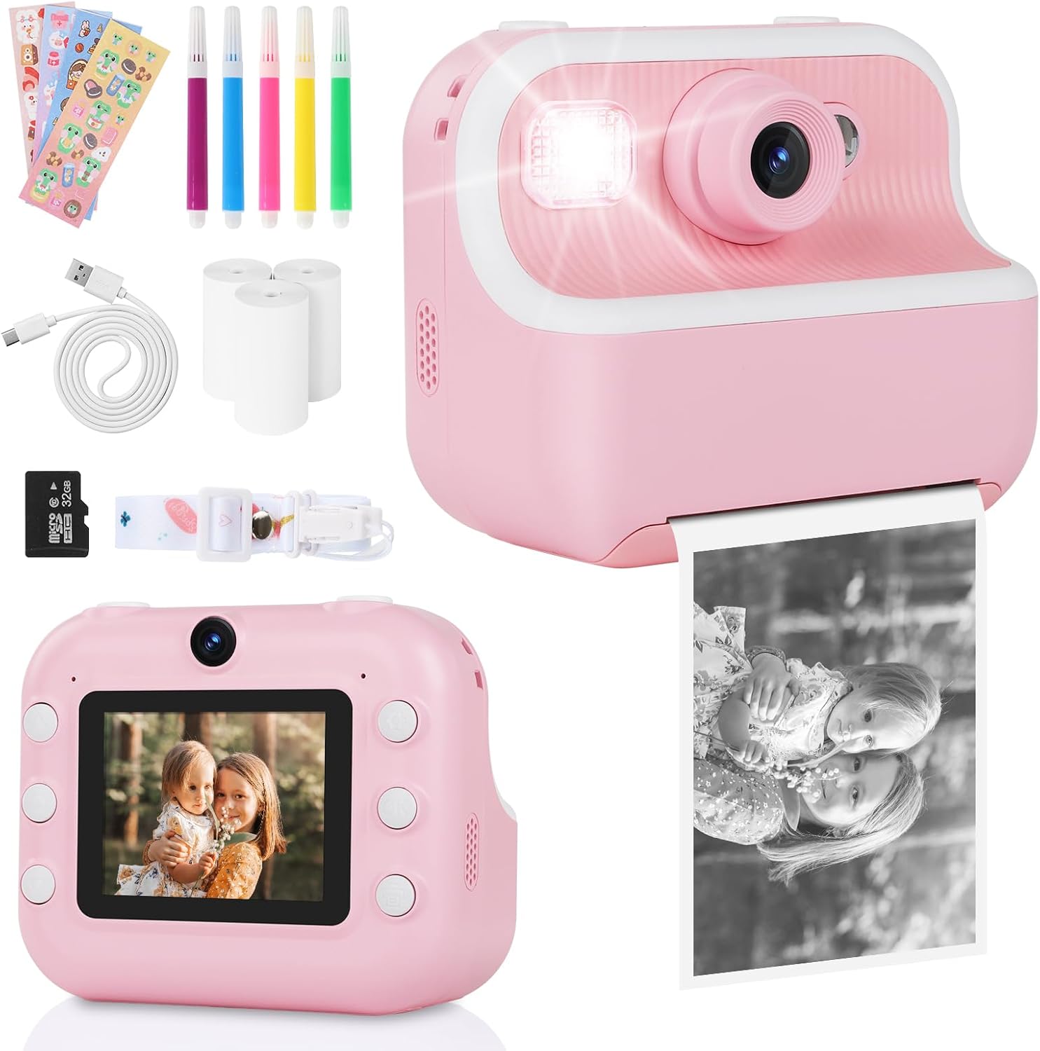 Kids Camera Camera Instant Print for Girls Boys With Print Photo Paper & Color Pens for DIY, Gifts for 3 4 5 6 7 8 9 10 Year Olds Girls Boys, 32Gb Sd Card -Pink
