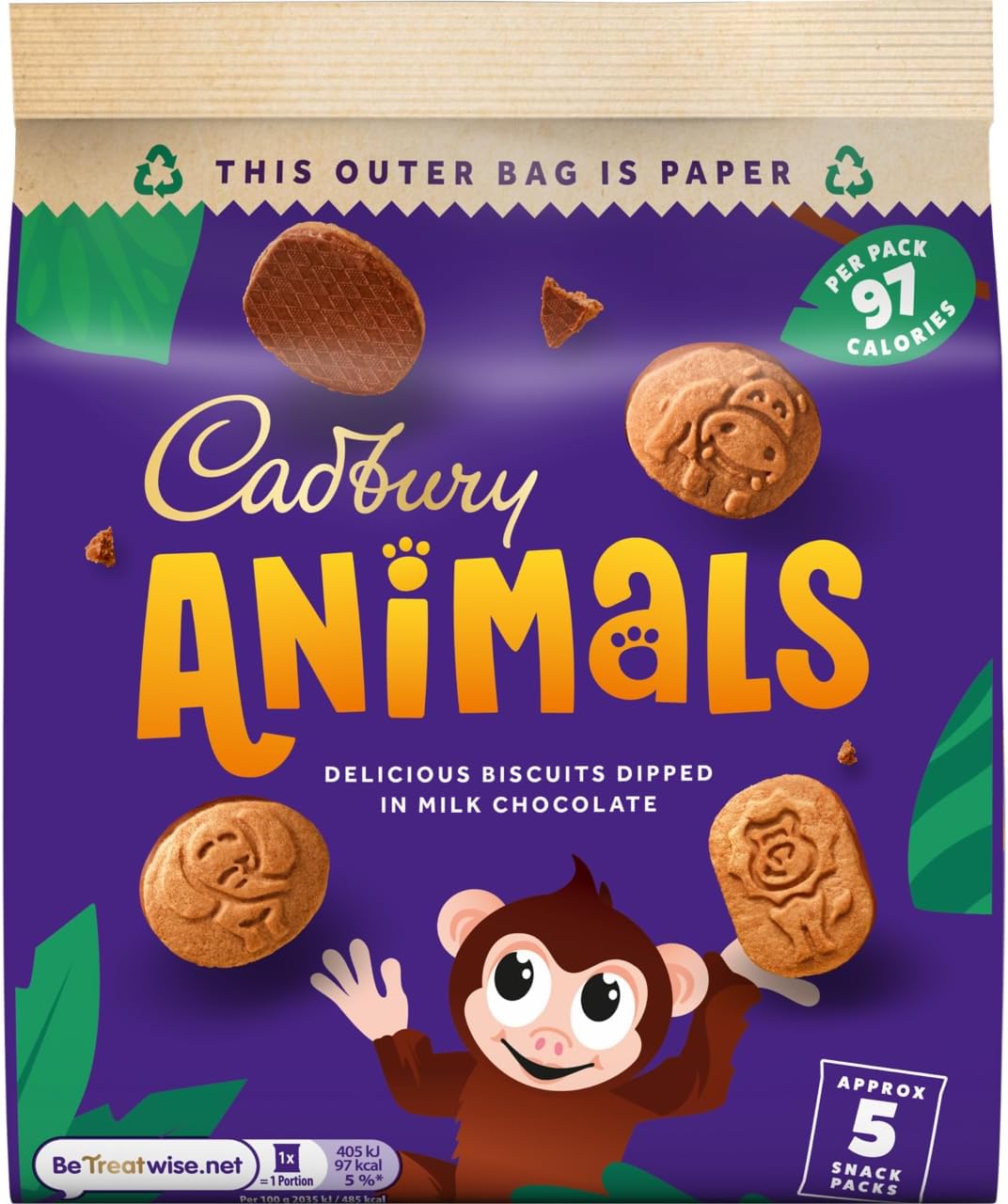 Cadbury Animals Mini Biscuits, Fun Animal Shaped Biscuits for Kids, 5 19.9 g Snack Packs (Pack of 1)