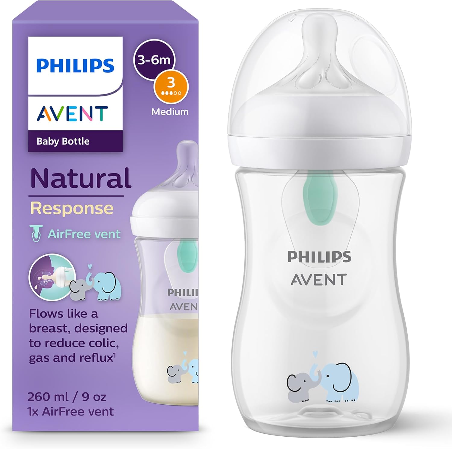 Philips Avent Natural Response Baby Bottle - 260ml Baby Milk Bottle with AirFree Vent, BPA Free for Newborn Babies Aged 1 Months+, Elephant Pattern (Model SCY673/81)