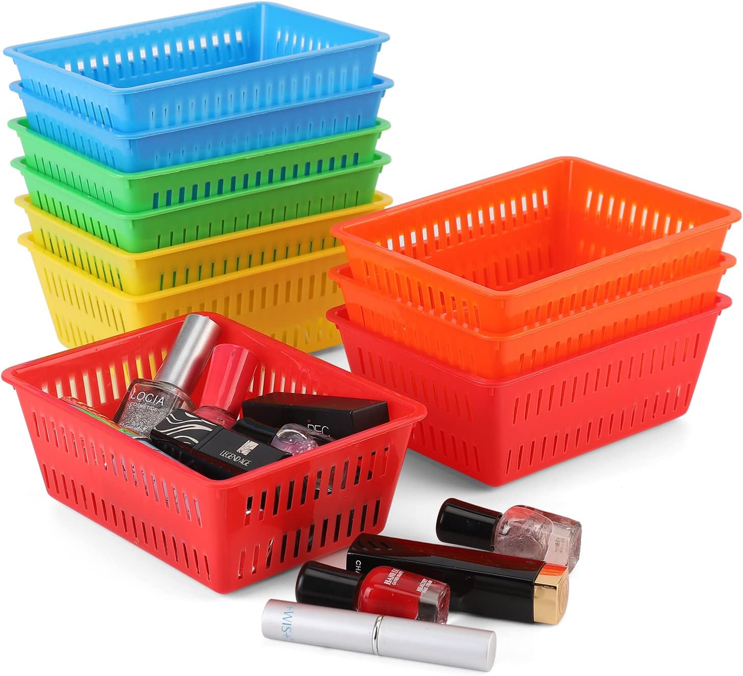 10 Pack Mini Storage Baskets Bins, Plastic Organizer Basket, Colorful Shelf and Desk Make-up Storage Crate Organizing Containers, Ideal for Home Classroom Office Organization. 6.1"L x 4.5"W x 2.4"H
