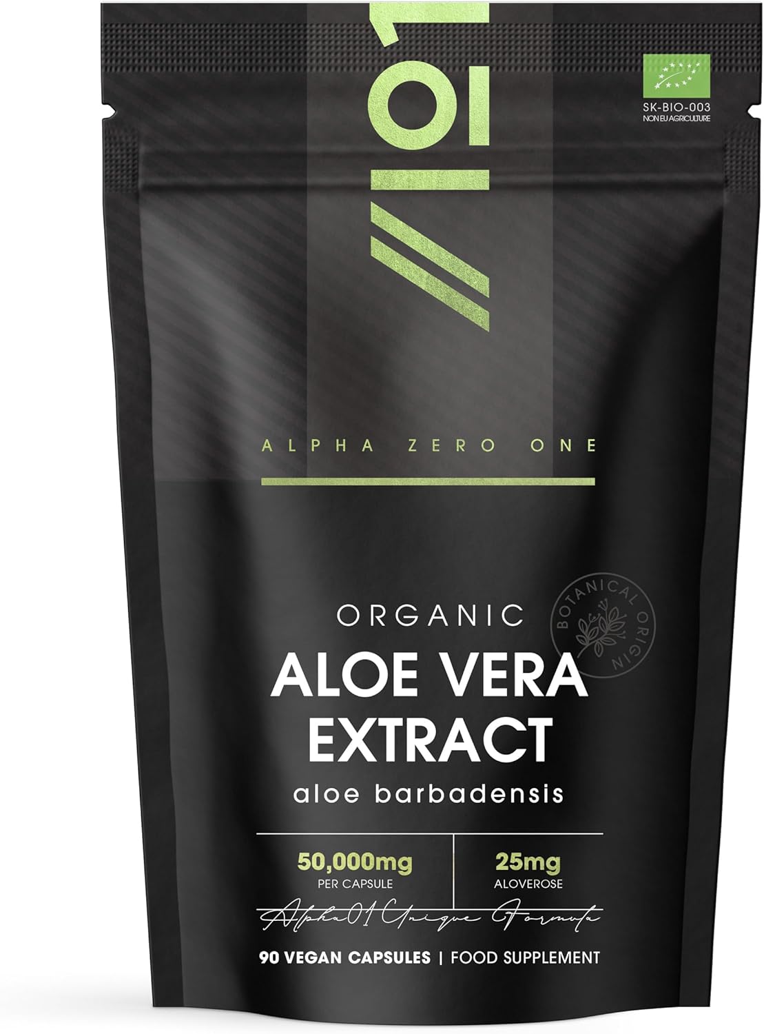 Organic Aloe Vera Extract 50,000mg - Standardised 25mg Aloveros Supplement - 90 Vegan Capsules (3 Months Supply) - Resealable and Recyclable Pouch - by Alpha01