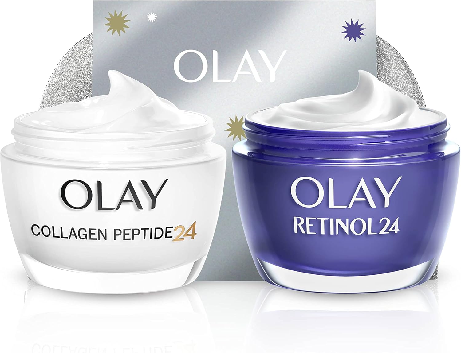 Olay Moisturiser Gift Bag, Womens Skin Care Gift Sets & Kits, Retinol 24 Night Cream 50ml & Collagen Peptide 24 Face Cream 50ml for Smooth & Glowing Skin, Free Make Up Bag & Gua Sha