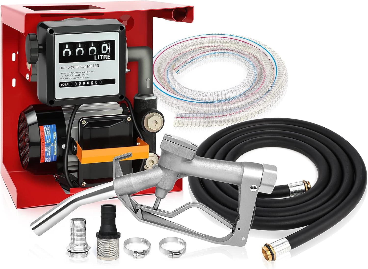 110V 550W Electric Oil Diesel Fuel Oil Transfer Pump W/Meter + 13ft Fuel Dispensing Hose+6.56ft Suction Hose