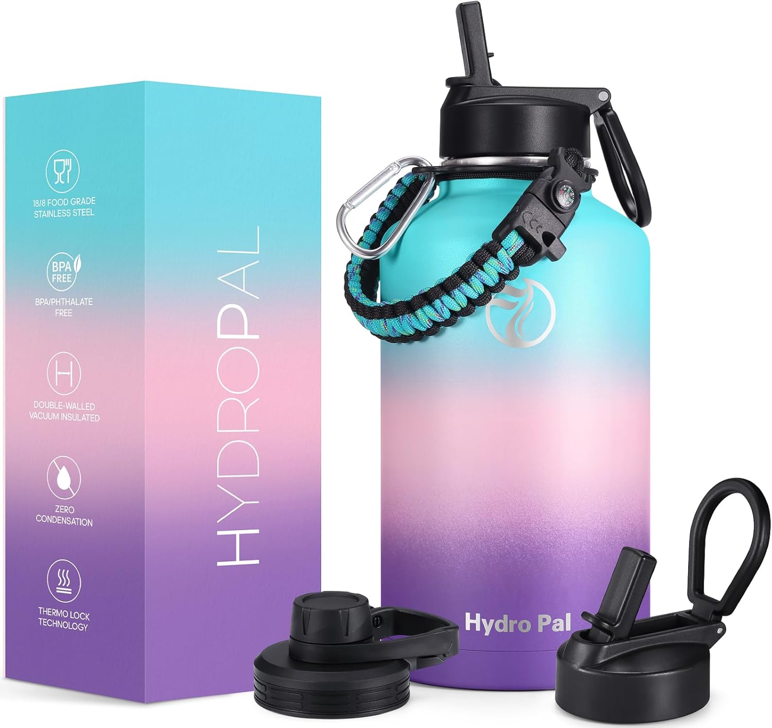 HydroPal Vacuum Insulated Stainless Steel Water Bottle, 1200ml/1000ml/750ml- 2 Lids (Straw Lid and Spout Lid), 2 Straws Water Bottle for 12 Hours Hot & 24 Hours Cold Drinks, Great for Work, Travel