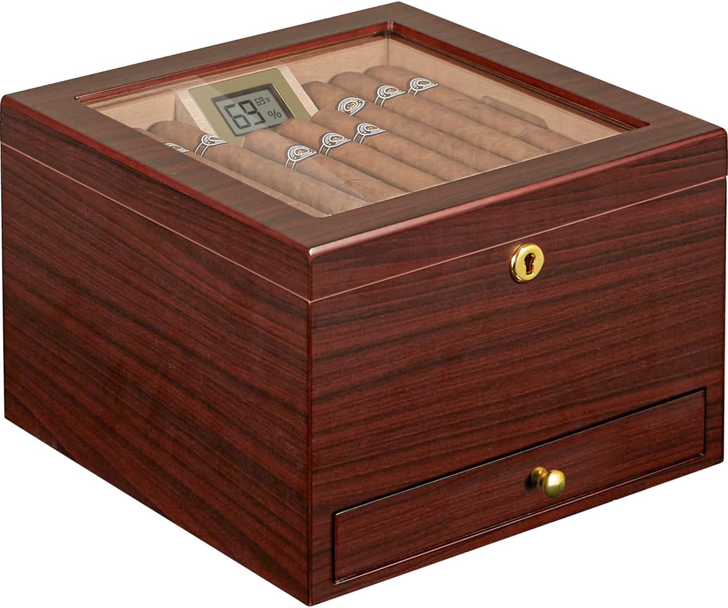 Flauno Cigar Humidor, Holds 40-70 Cigars, Spanish Cedar Wood, Air Circulation System, Lock, Drawer, Accurate Digital Hygrometer, Humidifier, Tempered Glass Top Cigar Box for Cigar Lover