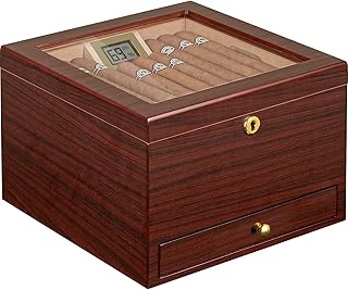 Flauno Cigar Humidor, Holds 40-70 Cigars, Spanish Cedar Wood, Air Circulation System, Lock, Drawer, Accurate Digital Hygrometer, Humidifier, Tempered Glass Top Cigar Box for Cigar Lover