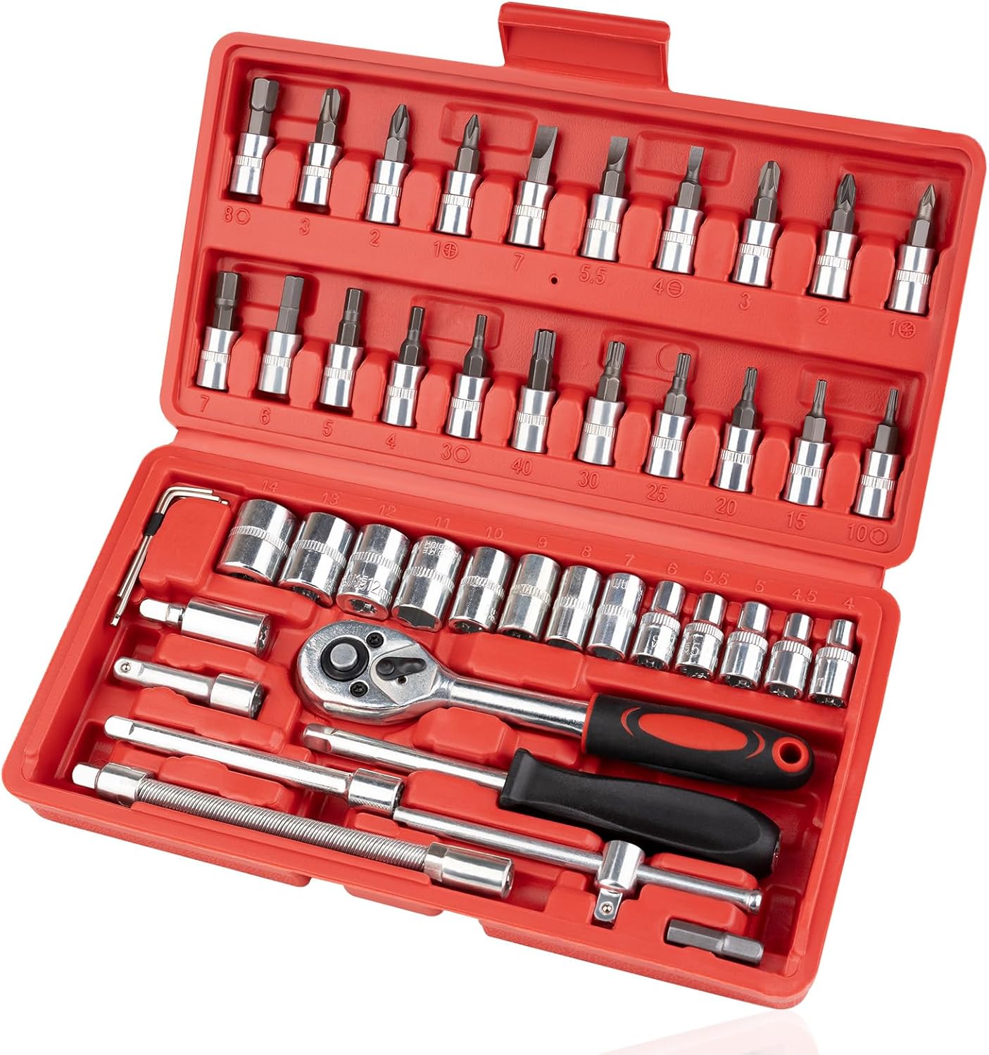 46PCS Small Drive Socket Ratchet Wrench Screwdriver Set, 1/4 Inch Metric Socket and Ratchet Wrench Set with Extension Bar, Upgrade Compact Tool Set for Car