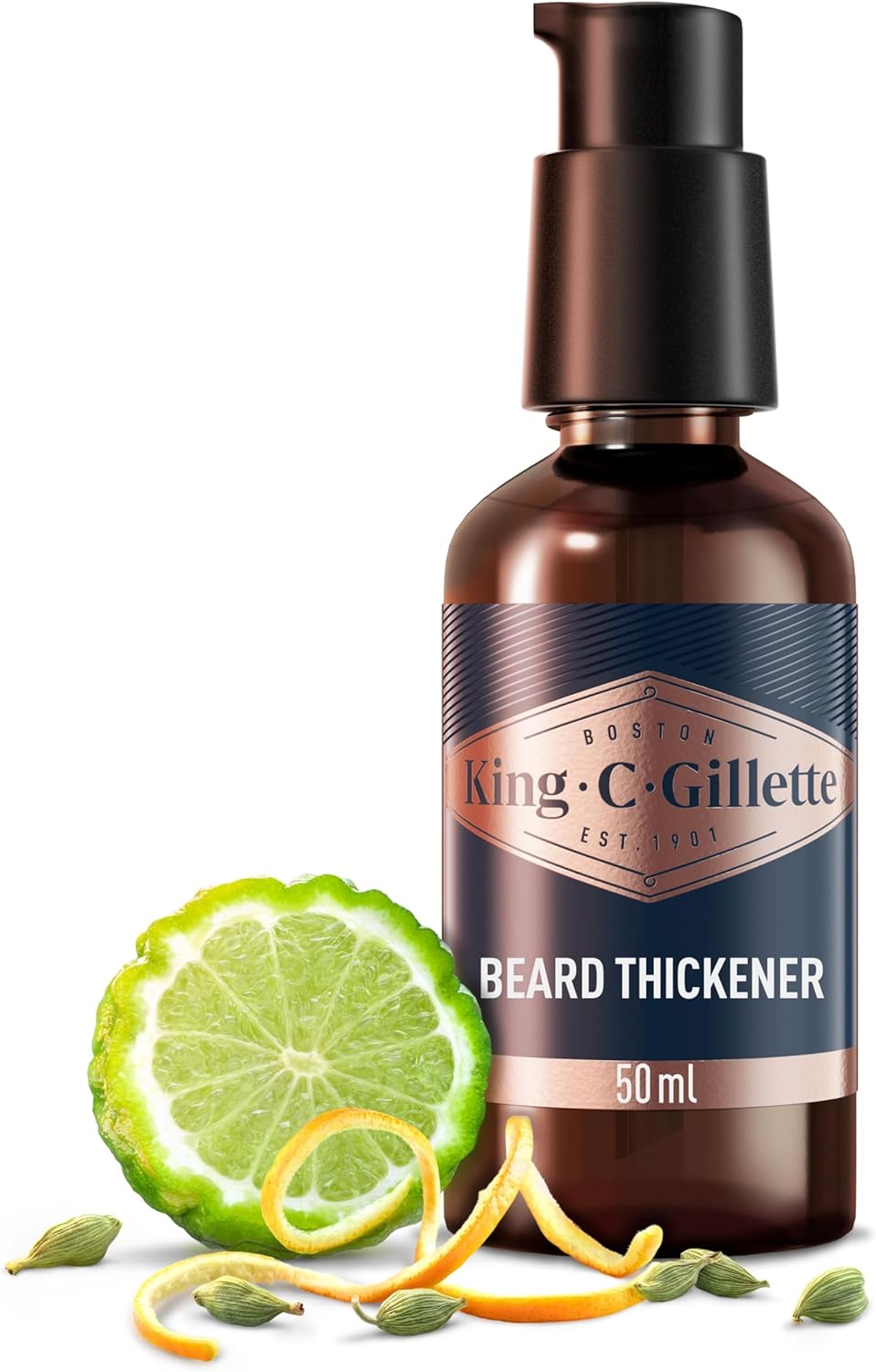 King C. Gillette Men's Beard Thickener, Fuller & Thicker Beard In 14 Days, Infused With King C. Signature Scent, With Notes Of Sandalwood, Cedar, Bergamot, Cardamon Seeds And Mandarin 50ml