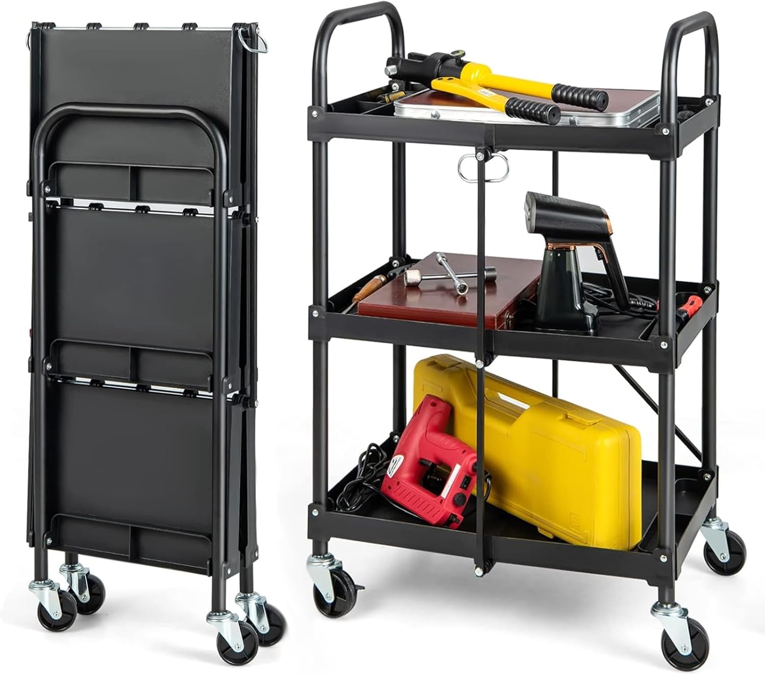 HOMFME 3-Tier Folding Tool Trolley, Mobile Service Cart with Lockable Wheels, Tool Grooves, Handles, Heavy Duty Metal Utility Cart Storage Trolley for Garage Repair Shop DIY