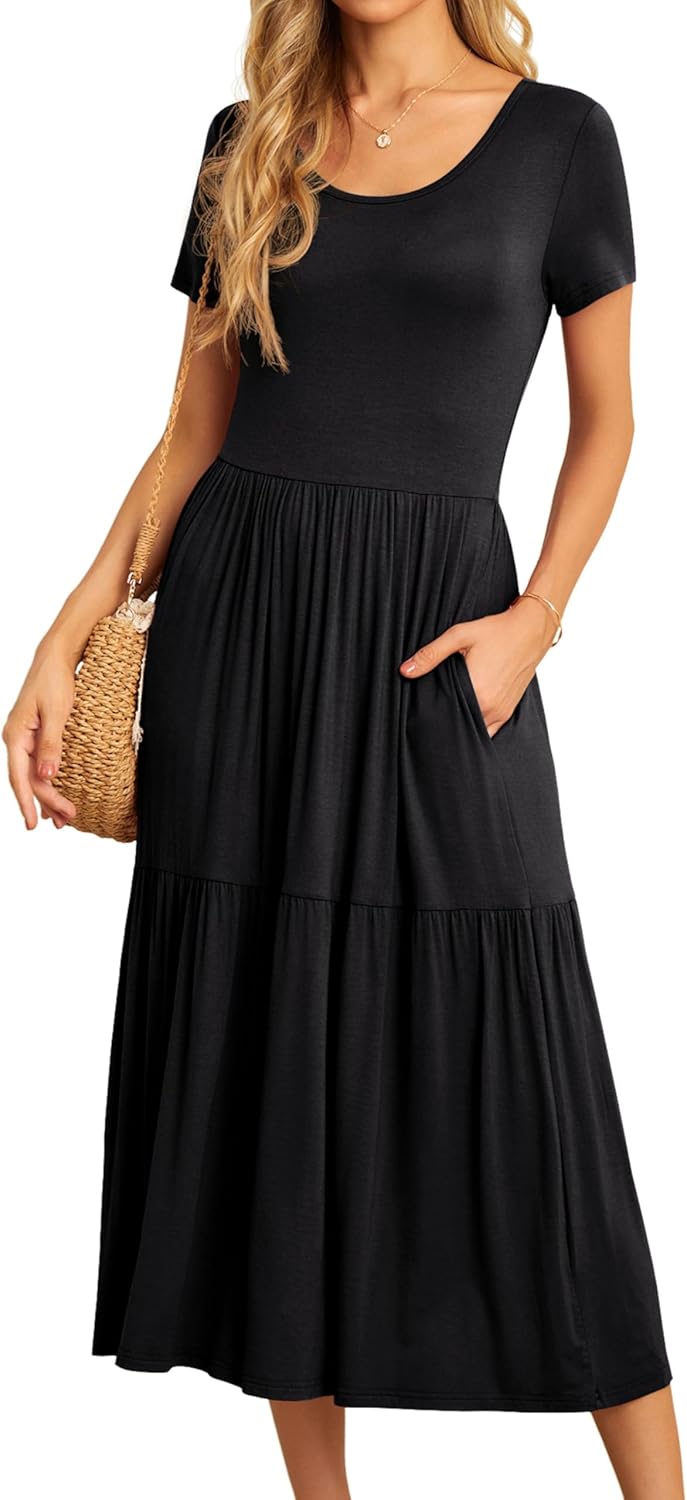 GRECERELLE Womens Summer Maxi Dress Casual Short Sleeve Crew Neck Swing Flowy Tiered Party Dresses with Pockets for Weddings Guest, Party, Holidays
