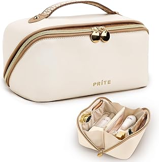Prite Large Capacity Cosmetic Bag for Women Portable Waterproof PU Leather Makeup Bag Open Flat Makeup Organizer With Clear Divider and Handle(Beige)