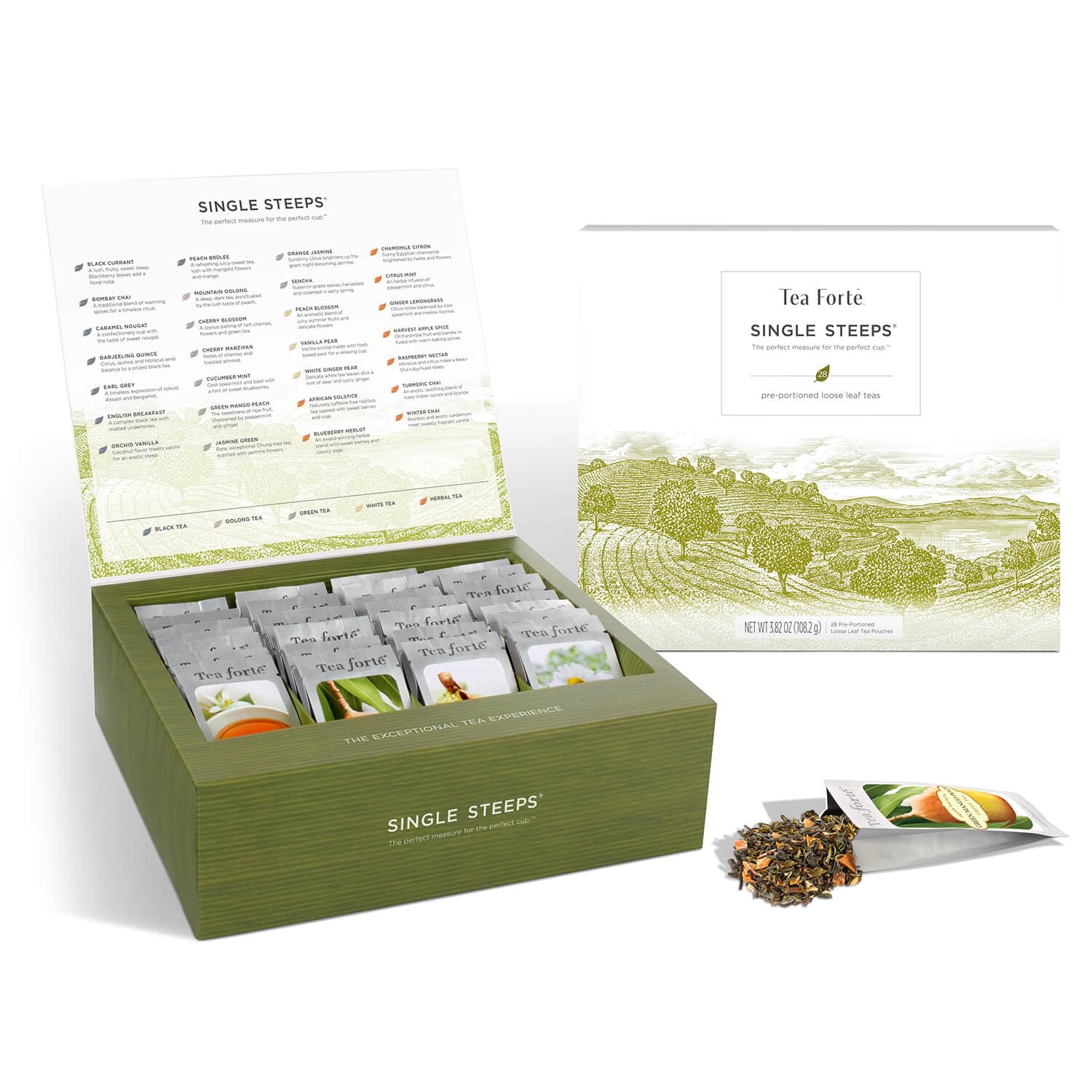 Tea Forte Single Steeps Tea Sampler, Classic Tea, 15 Pouches | 15 Single Serve Loose Leaf Pouches - Classic Tea Collection - Premium Sampler