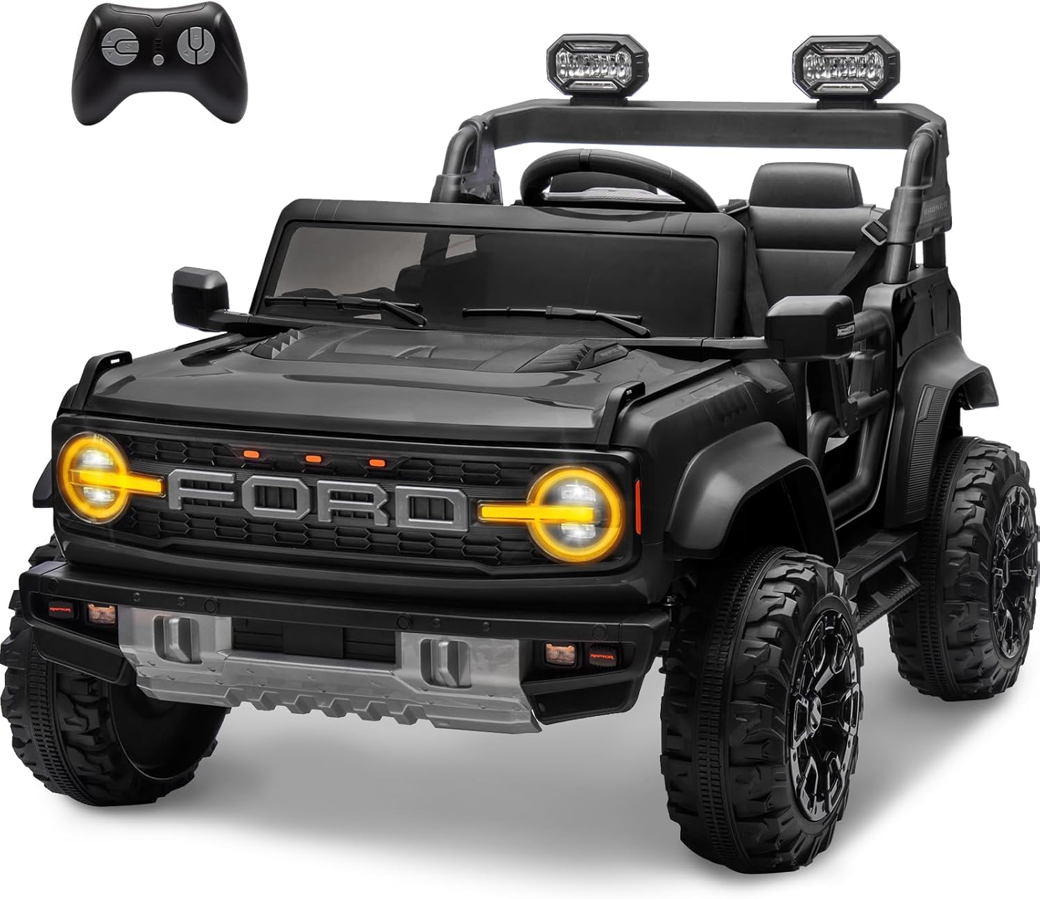 ENYOPRO 24V Licensed Ford Bronco Raptor Electric Car for Kids, 2 Seater Battery Operated Ride On Truck Toys with Remote Control, 4-Wheel Suspension, Bluetooth, Radio, LED Lights, 3 Speed - Black