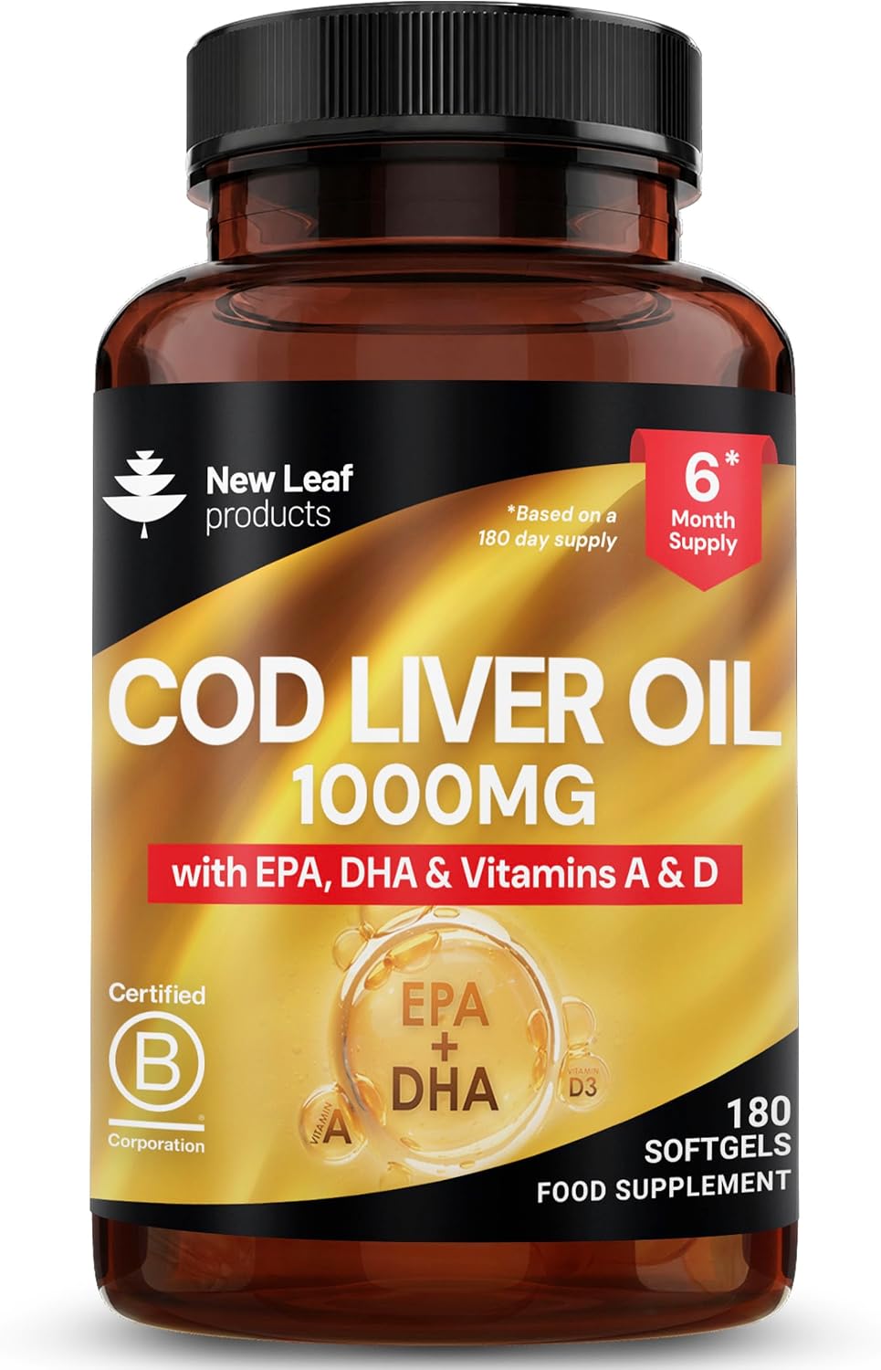 Cod Liver Oil Softgels 1000mg - 180 Cod Liver Soft gels High Strength Softgels- Cod Liver Oil Rich in Omega 3 EPA DHA Fatty Acids + Vitamins A & D, High Strength Fish Oil - UK Made, by New Leaf