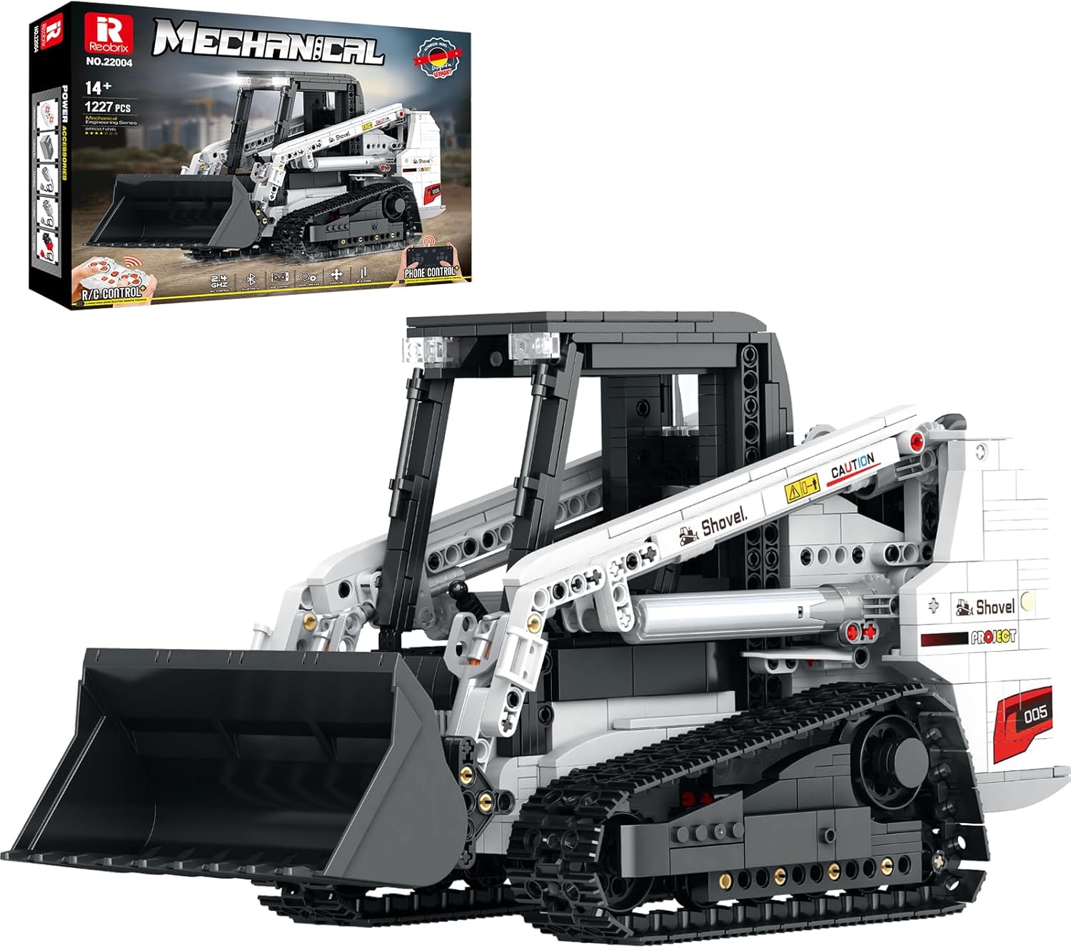 Reobrix RC Bobcat Skid Steer Loader Building Block Toy with Cab Light, Engineer Tracked Vehicle Heavy Duty Hobby for Adult, 22004 Mechanical Construction Brick Gift for Child Boys 14+ (1366Pcs)
