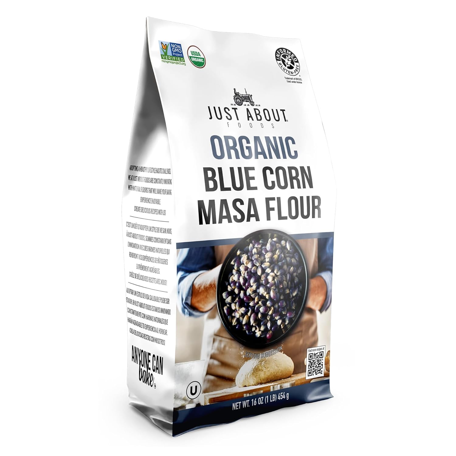 USDA Organic Blue Corn Flour 1lb, Flour for Tortillas, Sopes, and Mexican Dishes, Gluten-Free, Kosher and Vegan, Masa Flour for Baking, Just About Foods