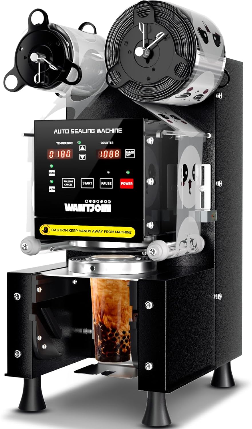 WantJoin Cup Sealing Machine Full Automatic Cup Sealer Machine 90/95mm Electric Cup Sealing Machine 500-600 Cups/H Digital Control LCD Panel Cup Sealer for Bubble Milk Tea Coffee Black