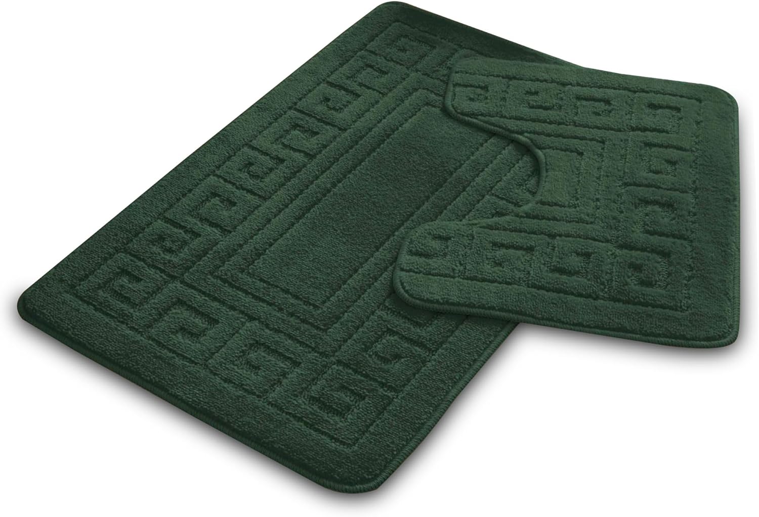 VELVETIO Bath Mat Set 2 Piece Machine Washable for Bathroom, Jacquard Greek Non Slip Quick Dry Shower Rugs & Bathtub Mats, Highly Water Absorbent 100% Polypropylene Toilet Rug Sets, Dark Green