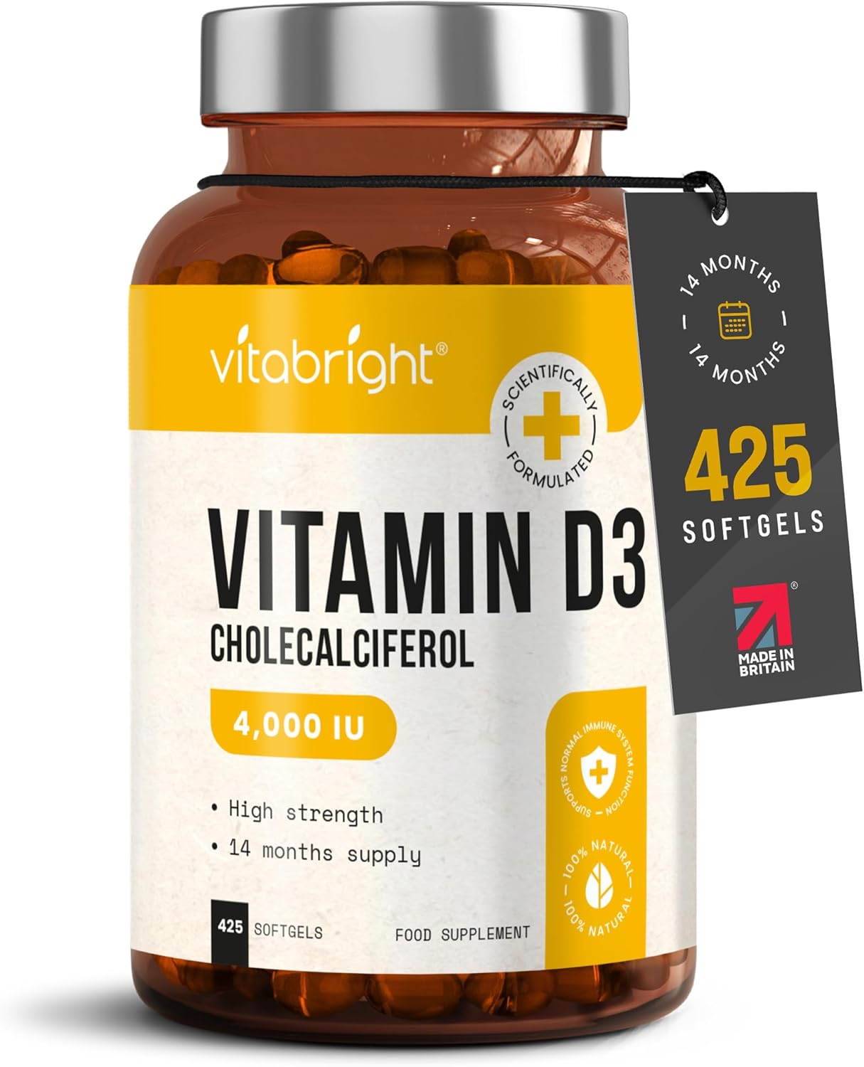 Vitamin D3 4000 IU Daily | 425 Softgels - 14 Month Supply | High Strength Vitamin D Tablets | Sugar-Free Softgels, NOT VIT D Gummies | VitaBright VIT D3 Supplements for Women & Men