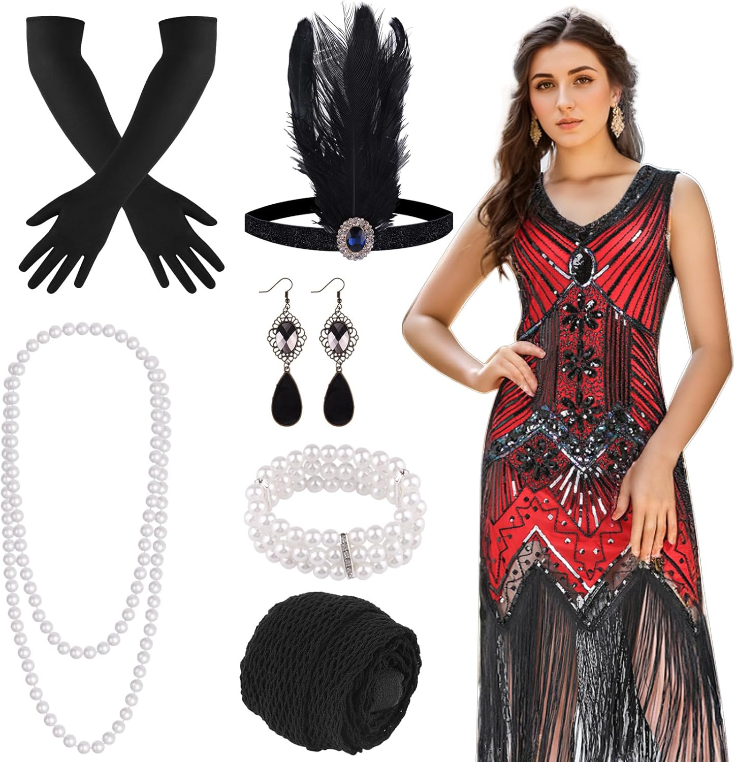 FEPITO 1920s Flapper Dresses for Women, Fringed Sequin Great Gatsby Dress for Women with 20s Accessories, Roaring 20s Costume