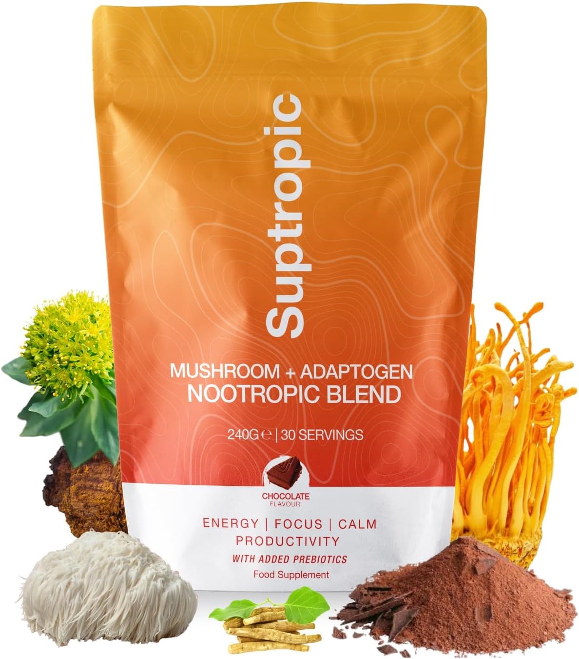 SUPTROPIC | 10-in-1 Mushroom Powder Drink, Organic, Chocolate Mushroom Coffee for Energy & Focus - Incl. Lions Mane, Chaga, Cordyceps, Maca Root, Inulin, Rhodiola, Cacao & KSM 66 Ashwagandha | Vegan