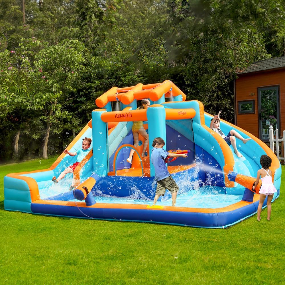 Inflatable Water Slide Bounce House, Dual Slides with Splash Pool, Outdoor Water Park with Blower and Accessories