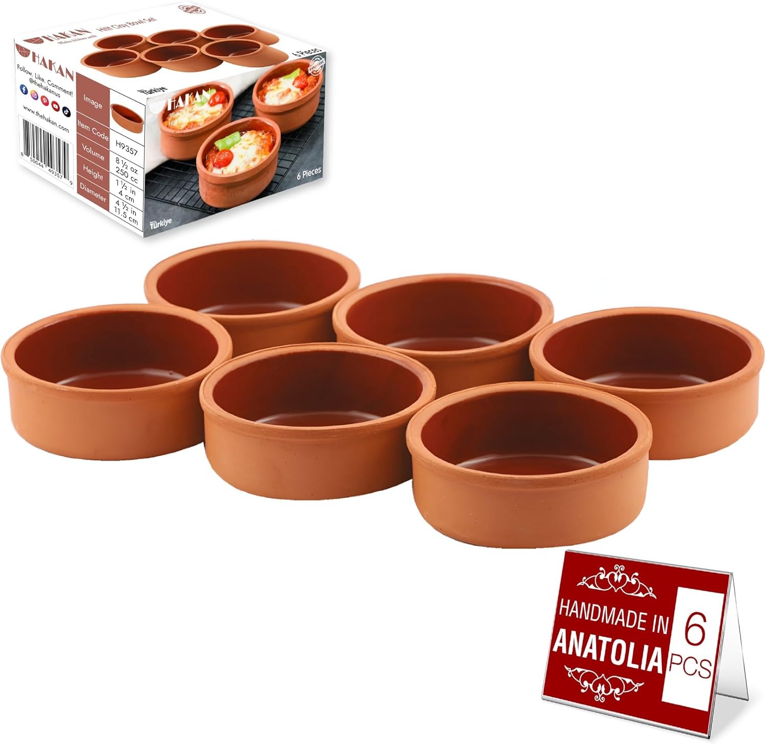 Hakan Hitit Clay Bowl Set of 6, Terracotta 4.5-inch Bowls, 8.5 Oz Glazed Inside Ancient Pottery, Cooking Clay Bowls in Box, Turkish Clay Yogurt Pots, Earthenware for Mexican Dishes, 6 Pcs, 250 cc