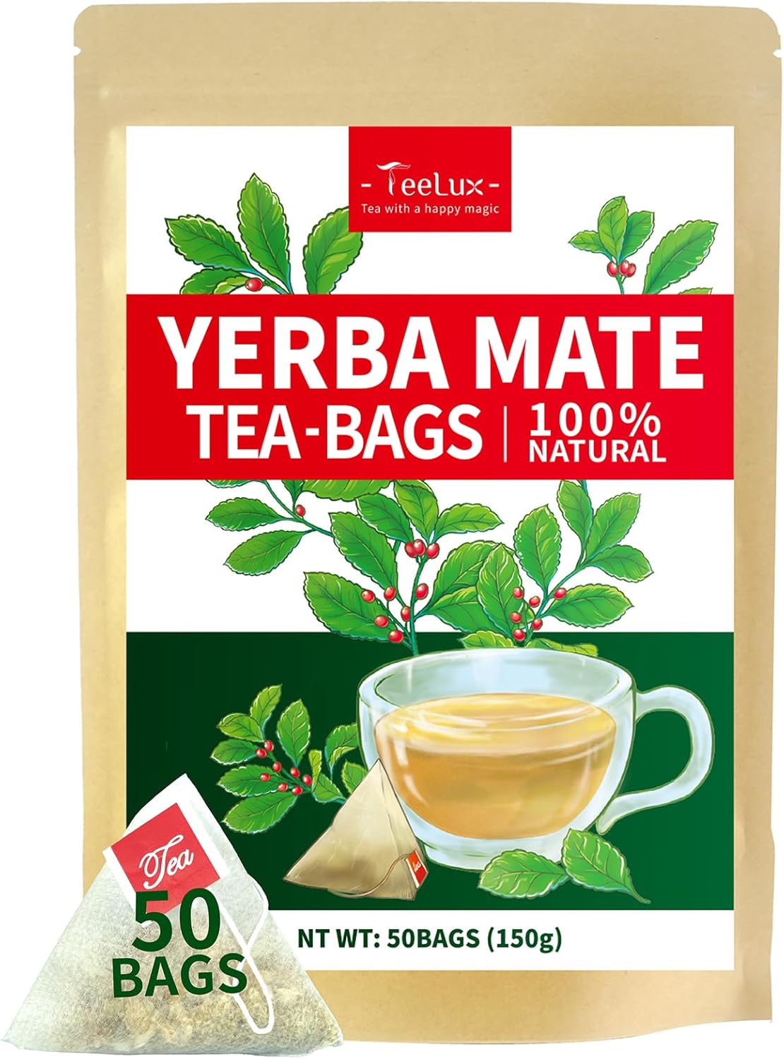 TeeLux Yerba Mate Tea Bags 50 Count, Pure Natural Argentine Yerba Mate, Rich Flavor with 3g/Bag, Biodegradable Tea Bag