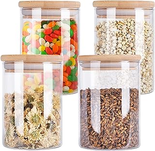 4 Pack Glass Storage Jars with Airtight Bamboo Lid, Aoeoe 27 OZ Food Storage Jar, Glass Kitchen Canisters, Clear Container for Coffee Bean Storage, Dry Goods, Cookie, Candy, Tea, Spices