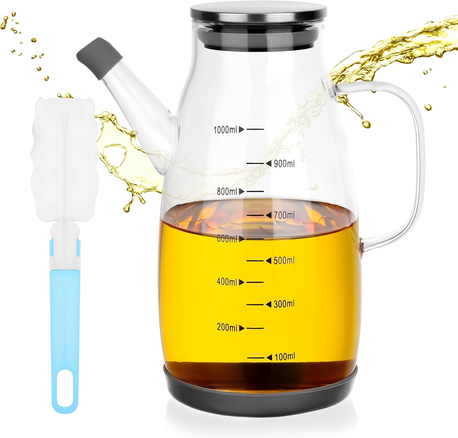 Oil Dispenser Bottle, 1L Glass Oil Dispenser with Handle, Leak-proof Cooking Oil Bottle for Kitchen with Graduated Scale, Oil and Vinegar Jug for Home Barbecue & Camping
