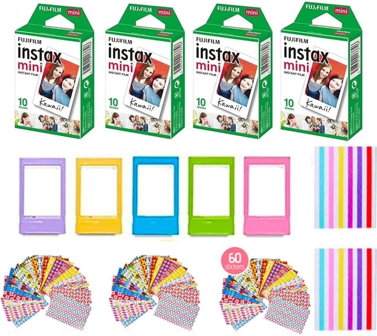Fujifilm Instax Mini Instant Film (2 Pack, 40 Sheets) 5 Plastic Desk Frames + 60 Sticker Frames + 2 Packs Corner Stickers