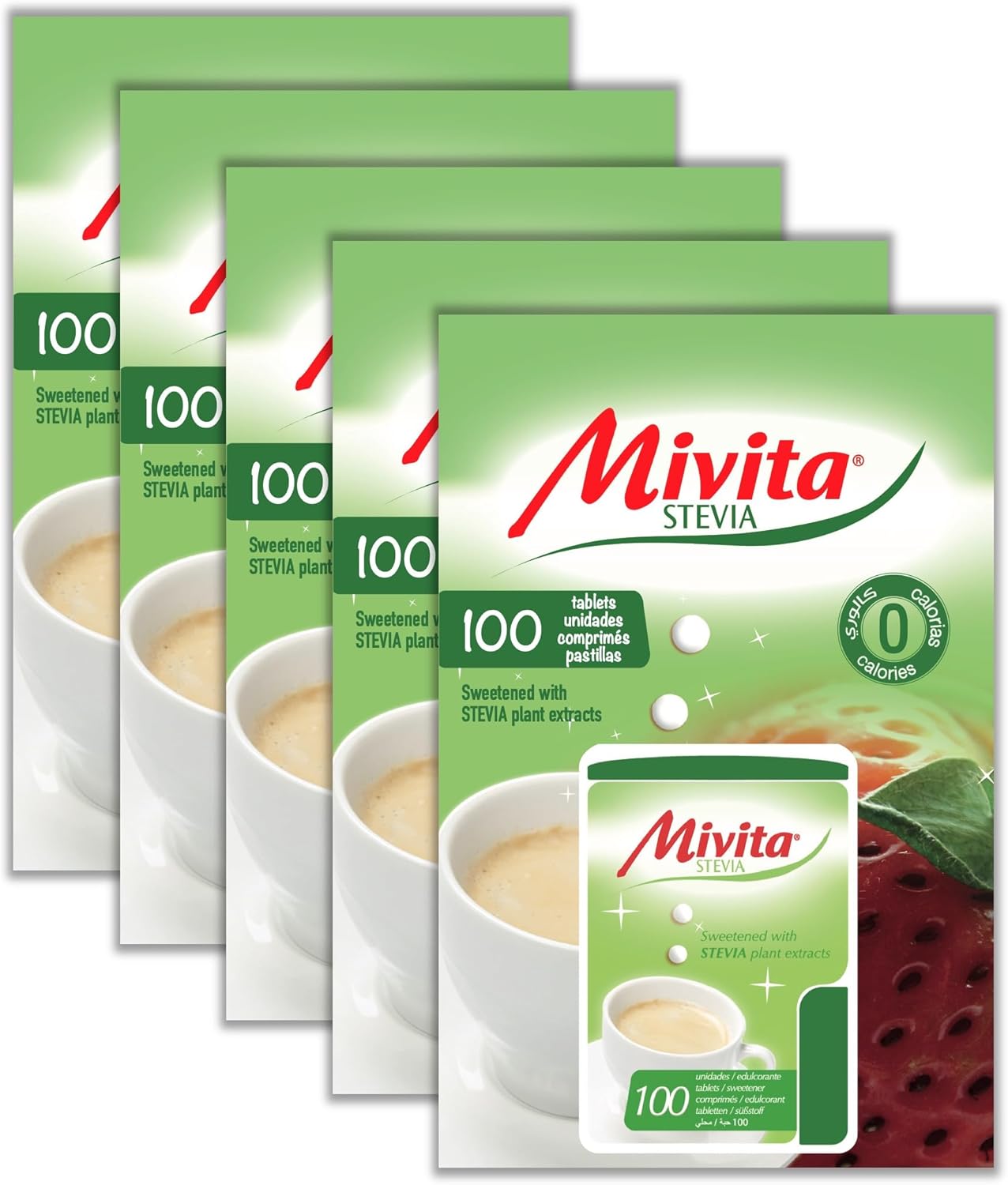 Mivita Stevia Sweetener Tablets, Pack of 5 (500 tablets total, 100 per dispenser) – Zero-calorie sugar alternative, lactose-free, gluten-free, zero glycemic index, pocket-sized dispenser for on-the-go