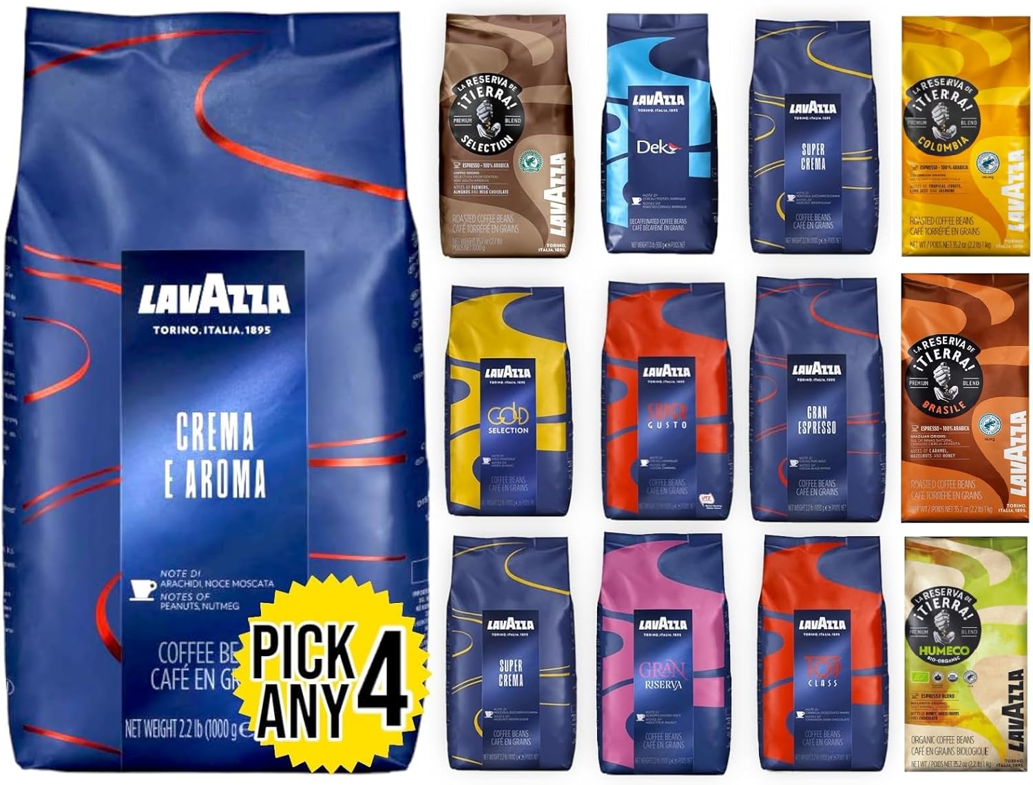 Lavazza Coffee Beans Pick Any 4 from 9+ Flavours Inc. Gran Espresso, Crema E Aroma, Super Crema, Top Class, Decaf, Super Gusto, Gran Riserva and More. (Each Pack 1000g)
