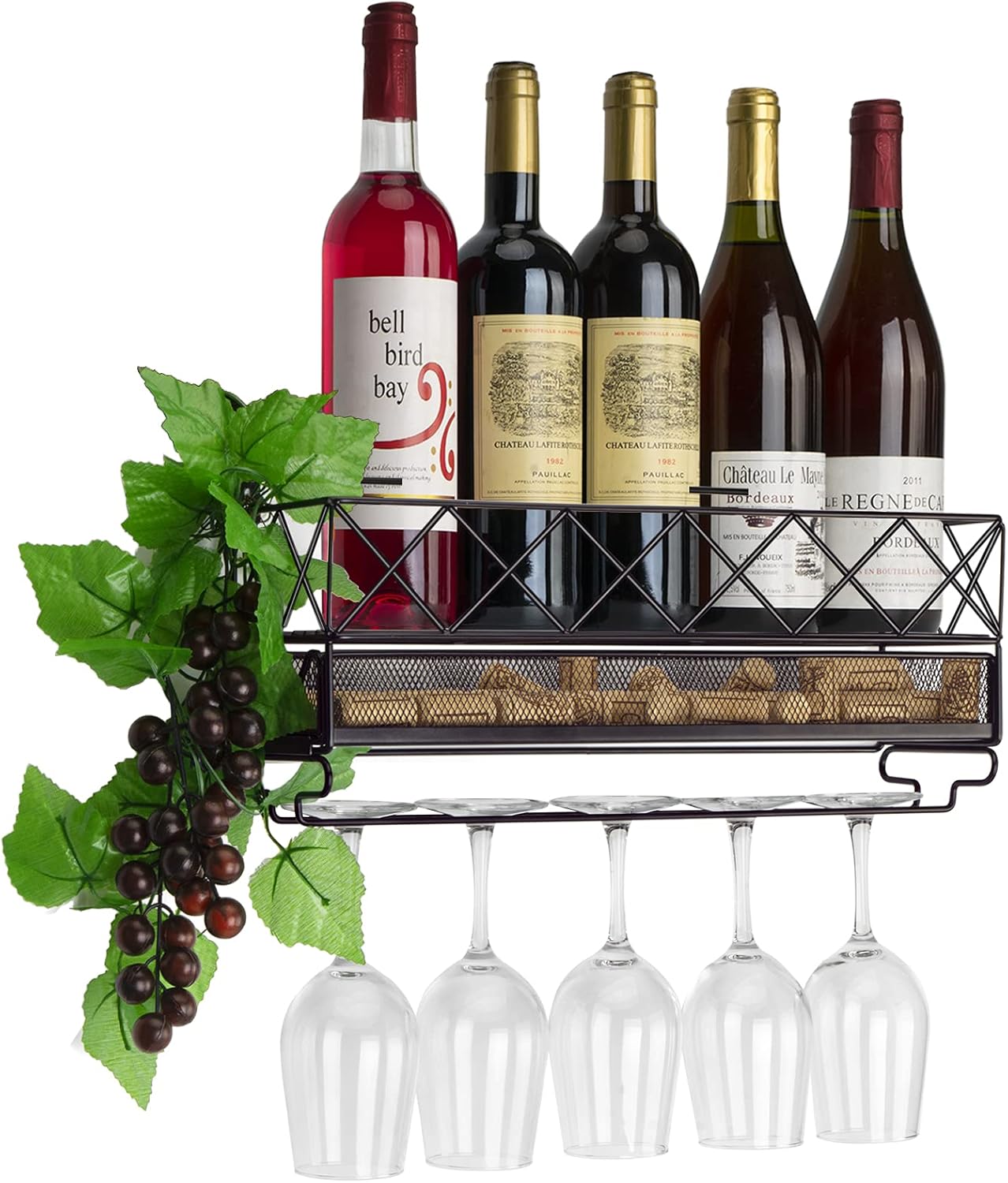 Wall Mounted Wine Rack and Glass Holder Hanging Bottle & Glass Rack 5 Bottles & Stemware Glass Organizer for Kitchen, Bar, or Home Wine Accessories(Bronze)